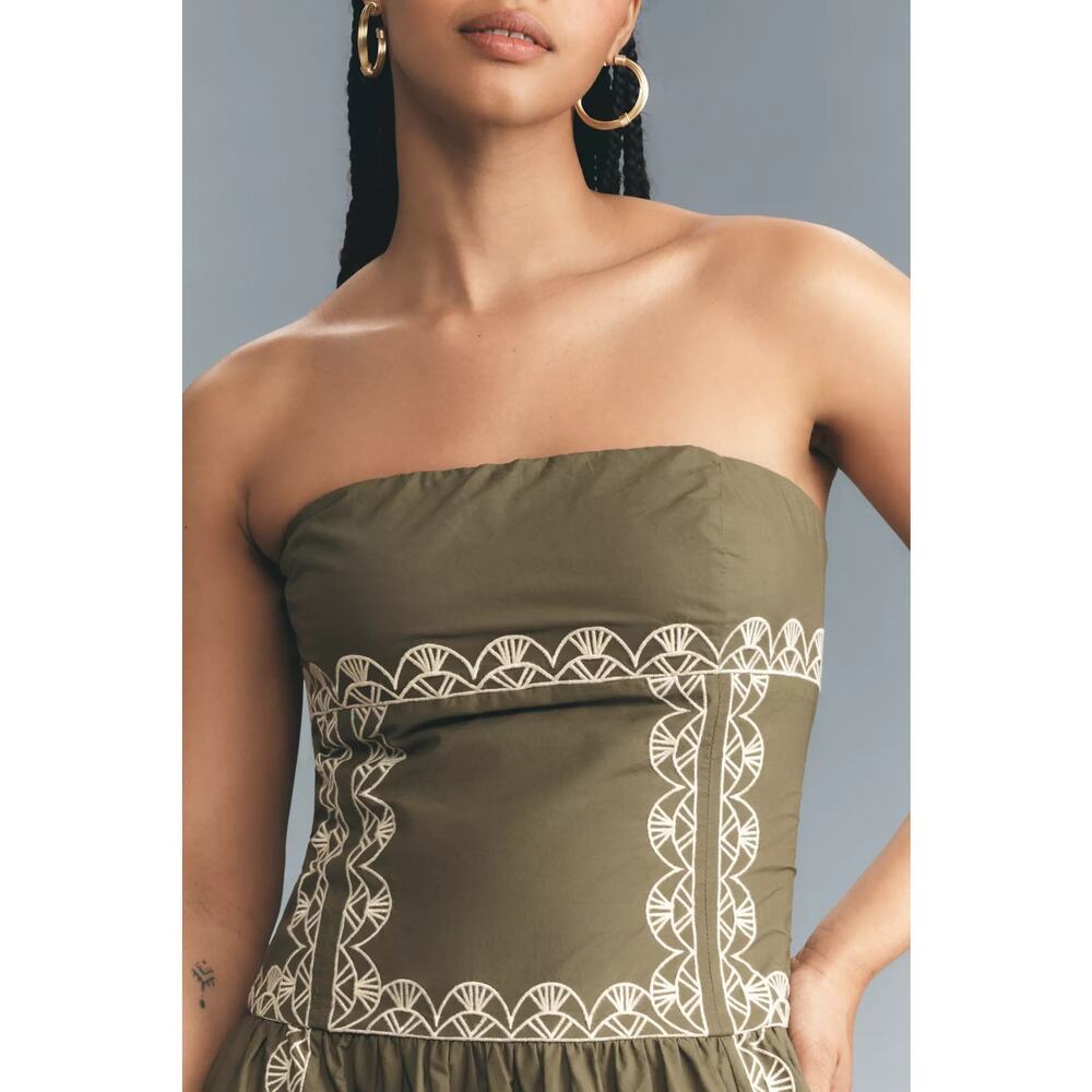 New Anthropologie Strapless Drop-Waist Embroidered Midi Dress $268 Large Olive - Picture 5 of 8